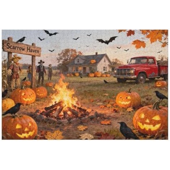 500 Piece Halloween Scarecrow Haven Jigsaw Puzzle for Adults Spooky Fall Farmhouse Scene with Jack-o'-Lanterns, Ravens & Vintage Truck, Challenging Game, 20.5x15 in