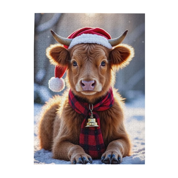 500 Piece Highland Cow In Santa Hat Jigsaw Puzzle For Adults Festive Farm Animal Puzzles Challenging & Fun Brain Teaser Holiday Home Decor Unique Gift Idea