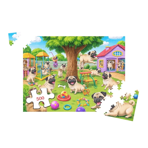 500 Piece Jigsaw for Adults, Pug Dog Park Scene Wooden Puzzle, Challenging Brain Teaser Game, Home Office Decoration, 20.5x15 Inch 500 Pieces, Difficult Interlocking Puzzle for Adult Relaxation
