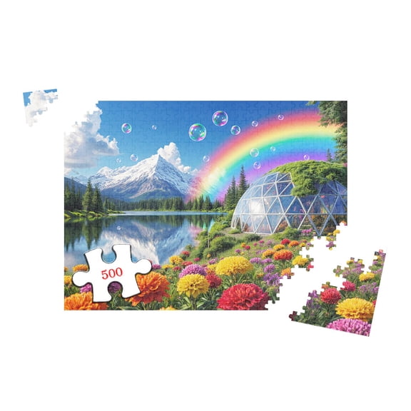 500 Piece Jigsaw for Adults Vibrant Paradise Landscape with Glass Dome Rainbow Bubbles and Mountain Lake Scenery Challenging Puzzle Game for Family Friends and Lovers Finished Size 20.5x15 Inch