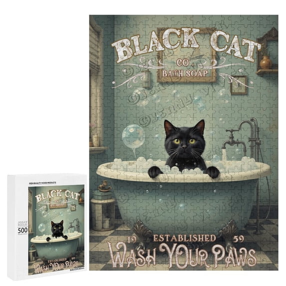 500 Piece Jigsaw Puzzle 15" x 21" Finished Size Black Cat Wash Your Paws Artwork - Wood Puzzles - Family Activity Games Home Decor Wall Art - Wooden Puzzles