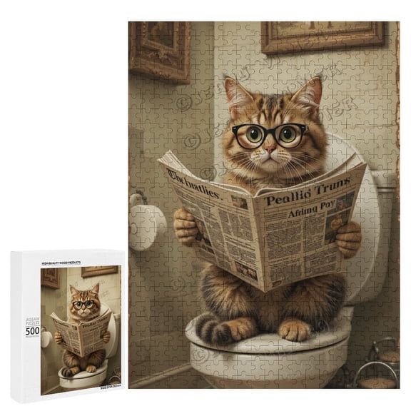 500 Piece Jigsaw Puzzle 15" x 21" Finished Size Cat Reading Newspaper On The Toilet Jigsaw Puzzles for Adults Educational Games Colorful Puzzles for Home Decoration
