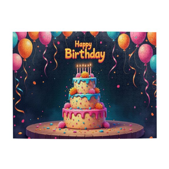 500 Piece Jigsaw Puzzle For Adults Birthday Cake With Balloons Colorful Festive Birthday Cake Balloons Confetti Challenging And Fun Activity Great Gift Idea 20.5X15In