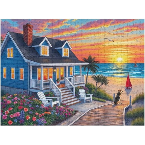 500 Piece Jigsaw Puzzle for Adults Charming Beach House, Sailboat & Playful Dog Fun Perfection Game, Premium Puzzle for Relaxation, Family Activity or Gift (20.5x15 in)