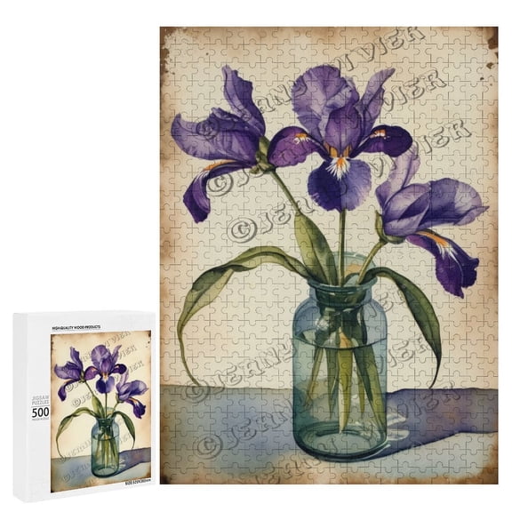 500 Piece Jigsaw Puzzle for Adults Cottagecore Iris Garden | Rustic Wooden Puzzle for Botanical Enthusiasts & Cozy Home Decor, Fun & Calming Challenge