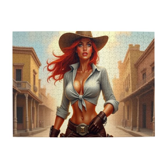 500 Piece Jigsaw Puzzle For Adults Cowgirl In Old West Town Sunset Redhead Gunslinger Challenging & Fun Adult Puzzle Unique Artwork Great Gift Idea 20.5X15In