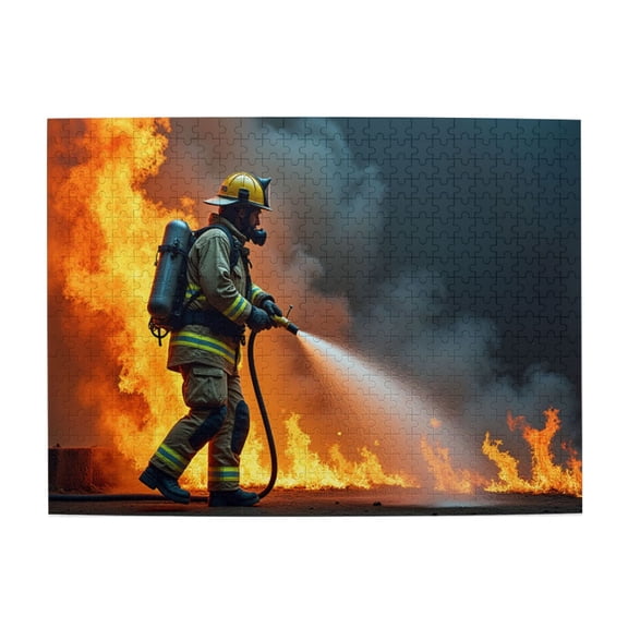 500 Piece Jigsaw Puzzle For Adults Firefighter Battling Blaze Dramatic Fire Scene Intense Action Courageous Fireman Challenging & Fun Adult Puzzle Home Decor Great Gift Idea 20.5X15In