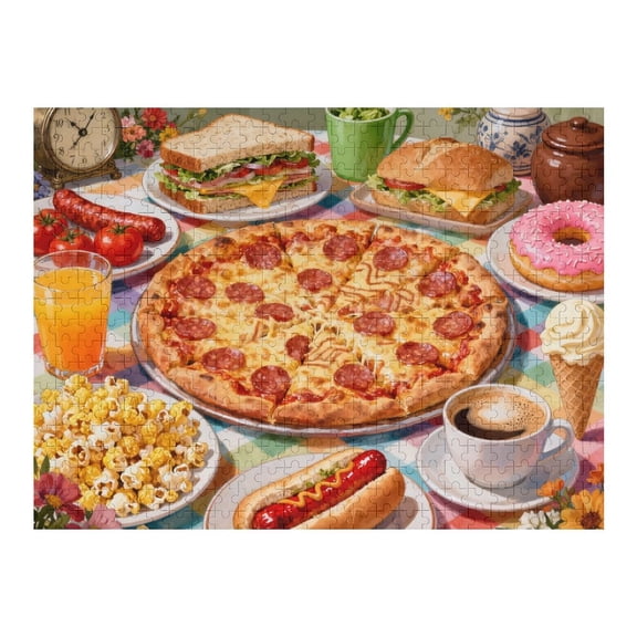 500 Piece Jigsaw Puzzle for Adults Food Feast Puzzle, Pizza Hot Dogs Coffee Donuts Theme, Fun Family Challenge, Gift for Food Lovers, Home Wall Art, Relaxing Puzzle Game