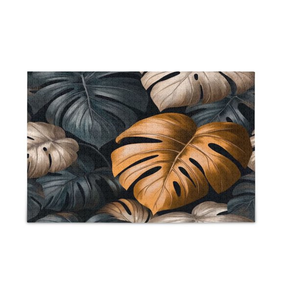 500 Piece Jigsaw Puzzle for Adults Golden Monstera Leaf Pattern Thick Wood-Paper Composite with Letter on Back Tight Interlock Challenging Home Decor Family Game Gift