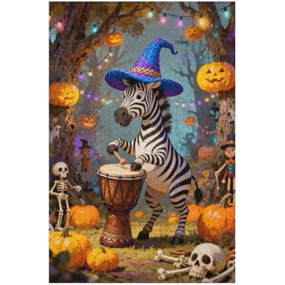 500 Piece Jigsaw Puzzle for Adults - Halloween Zebra in Witch Hat Drumming, Spooky Pumpkin & Skeleton Scene, Festive Holiday Artwork, Relaxing DIY Puzzle, Family Activity, Home Decor Gift