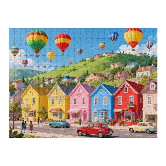 500 Piece Jigsaw Puzzle for Adults Happy Town Puzzle, Colorful Hot Air Balloon Scene, Perfectly Interlocking Pieces with Letter on Back, Fun Family Game Night Gift for Adults Seniors 20.5x15
