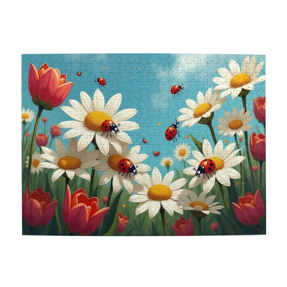 500 Piece Jigsaw Puzzle For Adults Ladybugs And Flowers In Spring Challenging And Relaxing Puzzle Beautiful Artwork Great Gift Daisies Ladybugs Tulips 20.5X15In