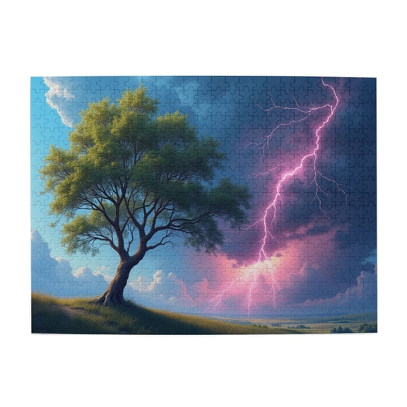 500 Piece Jigsaw Puzzle For Adults Lone Tree & Lightning Storm Challenging & Relaxing Adult Puzzle Unique Artwork Great Gift Idea Nature Landscape Dramatic Sky 20.5X15In