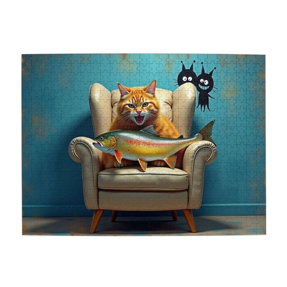 500 Piece Jigsaw Puzzle For Adults Orange Cat With Fish Funny Cat Armchair Fish Teal Wall Challenging Adult Puzzle Unique Artwork Great Gift Idea 20.5X15In