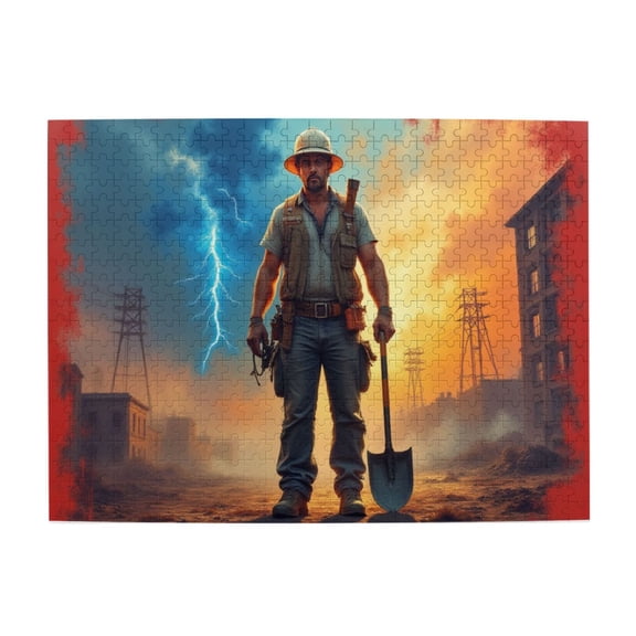 500 Piece Jigsaw Puzzle For Adults Postapocalyptic Survivor Man With Shovel Lightning Storm Ruins Challenging Adult Puzzle Unique Artwork Great Gift Idea Home Decor 20.5X15In