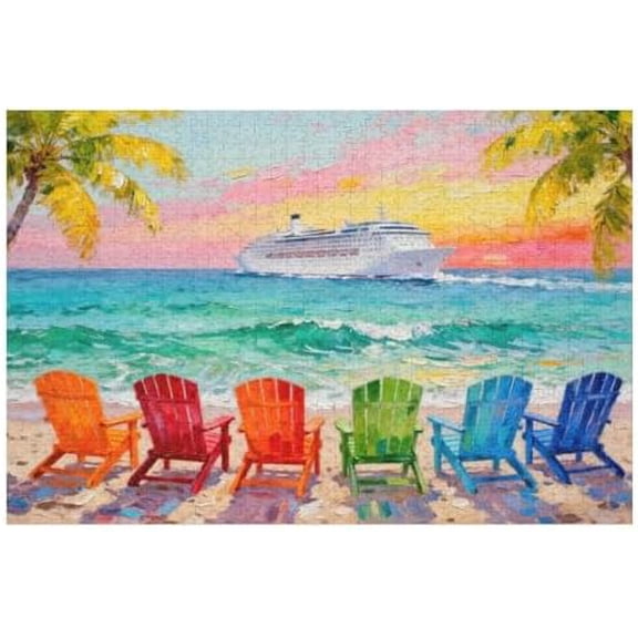 500 Piece Jigsaw Puzzle for Adults - Rainbow Beach Lounge Chair Scene, Fun Gift for Family Game Nights, Challenging Puzzle for Women, Colorful Ocean Wall Art