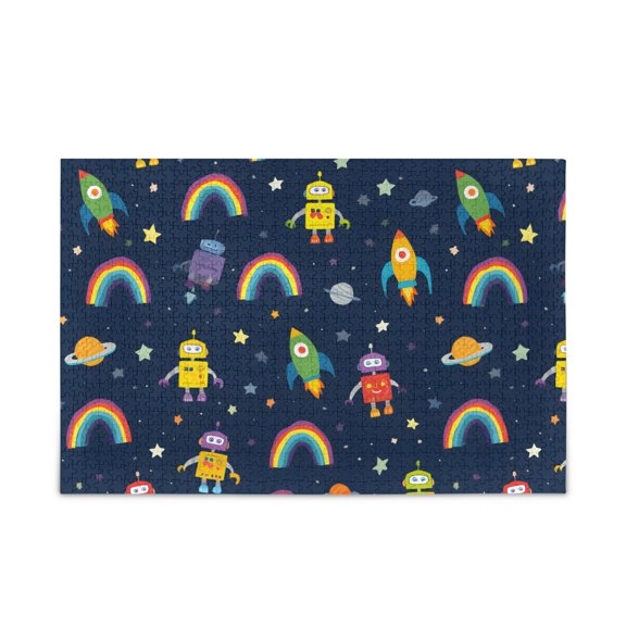 500 Piece Jigsaw Puzzle for Adults Robots Rockets Stars Planets Rainbows Thick Wood-Paper Composite with Letter on Back Tight Interlock Challenging Home Decor Family Game Gift