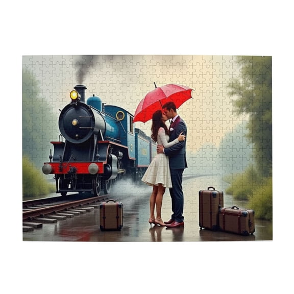 500 Piece Jigsaw Puzzle For Adults  Romantic Train Station Kiss Under Red Umbrella  Challenging & Fun Puzzle Game Unique Artwork Great Gift Couple Love Travel Rain 20.5X15In