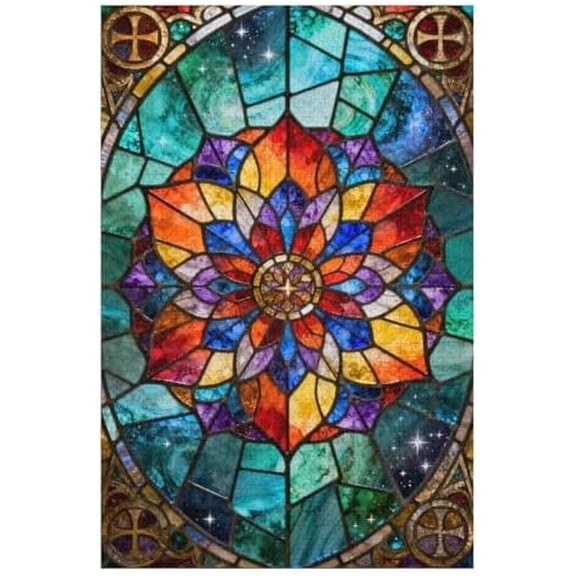 500 Piece Jigsaw Puzzle for Adults - Stained Glass Floral Mandala with Galaxy Starry Background | Colorful Art Puzzle for Relaxation & Home Decor (Finished Size: 21.25" x 15")