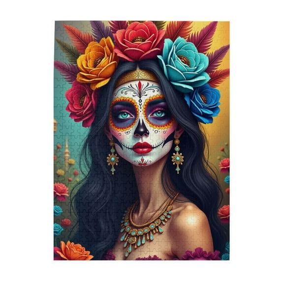 500 Piece Jigsaw Puzzle For Adults Sugar Skull With Flowers Día De Muertos Inspired Artwork Challenging & Fun Adult Puzzle Unique Home Décor Great Gift Idea