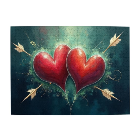 500 Piece Jigsaw Puzzle For Adults Two Hearts Pierced By Arrows Romantic Love Cupid Challenging & Fun Brain Teaser Home Decor Great Gift Idea 20.5X15In