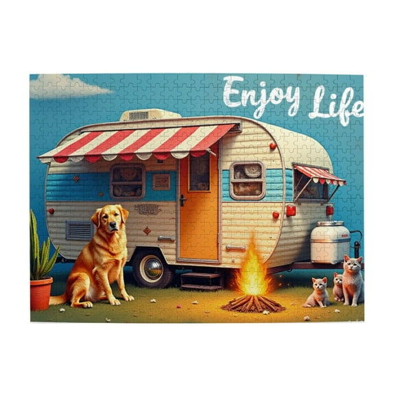500 Piece Jigsaw Puzzle For Adults Vintage Camper Van， Golden Retriever & Kittens Relaxing & Challenging Puzzle Game， Unique Artwork， Great Gift Idea For Family & Friends