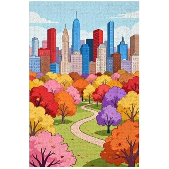 500 Piece Jigsaw Puzzle, Autumn City Central Park Fall Landscape, Scenic Challenge Family Game Night Gift Puzzle for Seniors, 20.5" x 15"