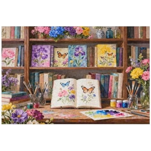 500 Piece Jigsaw Puzzle, Flower & Butterfly Handbook Art, Beautiful Bookshelf Scene, Recycled Cardboard Puzzle Gift for Seniors Family Game Night, 20.5" x 15"