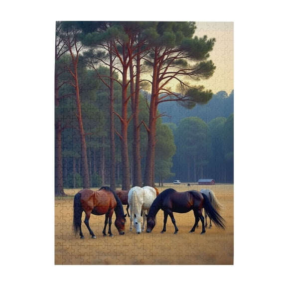 500 Piece Jigsaw Puzzle For Adults Horses In A Pine Forest Challenging & Relaxing Puzzle Beautiful Nature Artwork Great Gift Idea HighQuality Pieces
