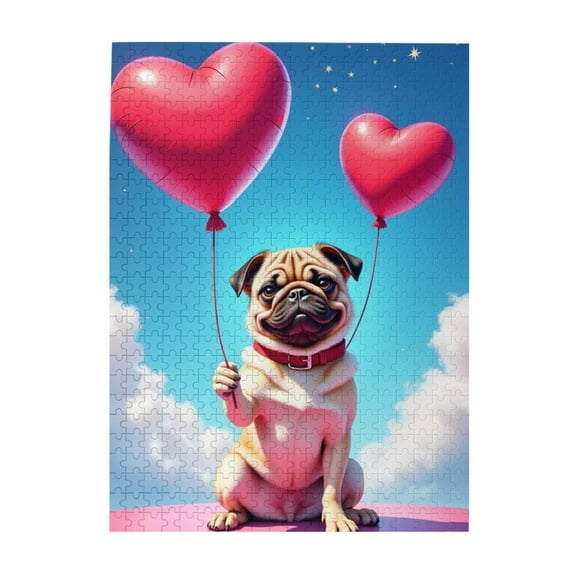 500 Piece Jigsaw Puzzle For Adults Pug With Heart Balloons Challenging & Fun Adult Puzzle Game Unique Artwork Home Decor Great Gift Idea