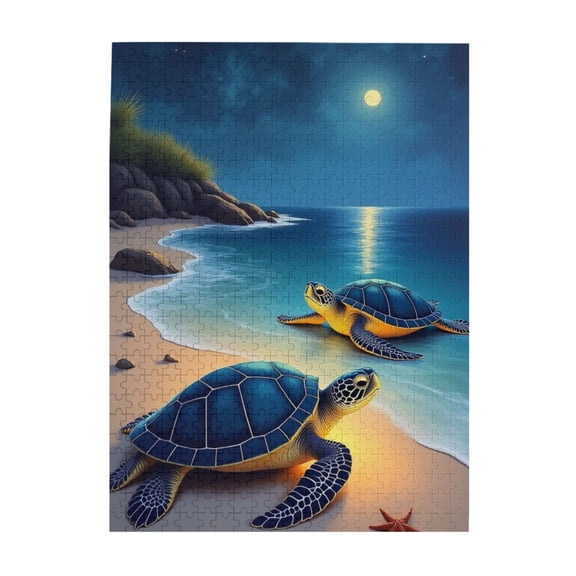 500 Piece Jigsaw Puzzle For Adults Two Sea Turtles Under Moonlight Beach Scene Relaxing & Challenging Puzzle Great Gift Idea