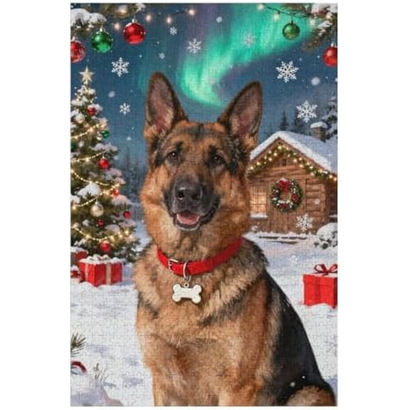 500 Piece Jigsaw Puzzle, German Shepherd Red Collar Aurora Snow Scene, Christmas Holiday DIY Craft, Family Activity Home Wall Decor Gift, 20.5"x15"