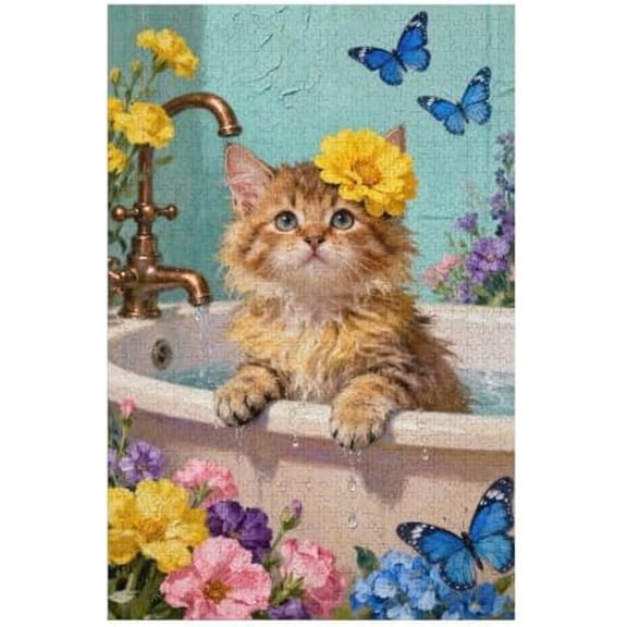 500 Piece Jigsaw Puzzle, Kitten with Sunflowers in Bathtub Cute Cat Floral Scene, Fun Relaxing Challenging Brain Teaser Nature-Inspired Home Decor, 20.5" x 15"