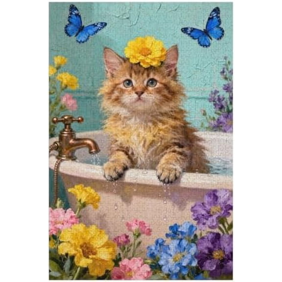 500 Piece Jigsaw Puzzle, Kitten with Sunflowers in a Bathtub, Fun Challenging Animal Puzzle, Family Game Night Home Wall Decor for Adults, 20.5" x 15"