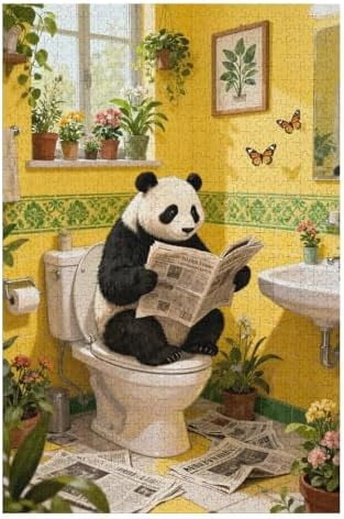 500 Piece Jigsaw Puzzle, Panda Sitting on Toilet Humorous Bathroom Scene, Colorful DIY Puzzle, Fun Family Game Home Decor Gift, 20.5"x15"