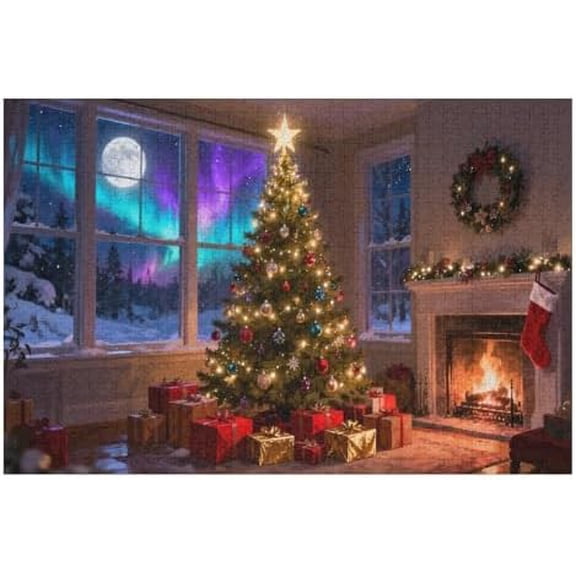500 Piece Jigsaw Puzzle, Shiny Christmas Tree, Holiday Room Scene with Aurora Lights, Cozy Winter Art Puzzle, 20.5" x 15"