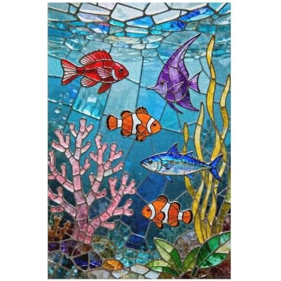 500 Piece Jigsaw Puzzle, Stained Glass Ocean Underwater Coral Fish, Colorful Sea World Art, Challenging Family Game Home Decor Gift, 20.5"x15"