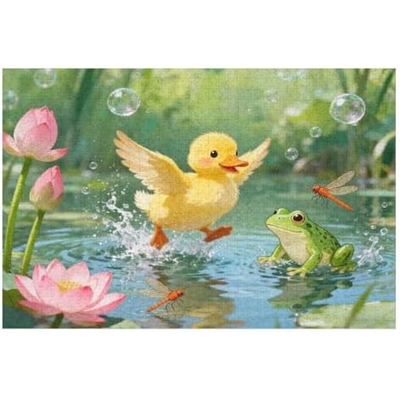 500 Piece Jigsaw Puzzle, Summer Splash Duck Frog Lotus Flower Scene, Hard Animal Puzzle Brain Exercise Family Relax Time