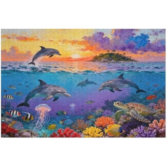 500 Piece Jigsaw Puzzle, Underwater Dolphin Ocean Sea Life Colorful Marine Scene, Relaxing Design, Family Game Puzzle for Seniors Adults, 20.5" x 15"