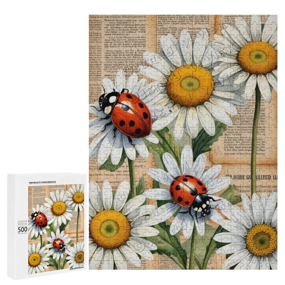 500 Piece Jigsaw Puzzle  Vintage Ladybug and Daisy Decor | Fun Puzzle for Nature Lovers | Ideal for Relaxation and Gifting