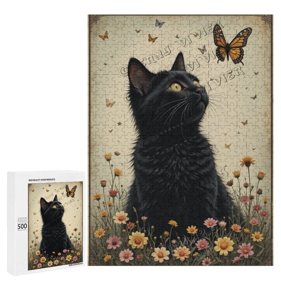 500 Piece Jigsaw Puzzle Whisky Black Cat with Angel Design Wooden Puzzle for Adults Gift for Fans of Cats, Whisky, and Whimsy