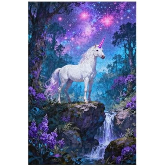 500 Piece Jigsaw Puzzle, White Unicorn Magical Forest Scene, Challenging DIY Puzzle, Fun Family Game Fantasy Lover Home Decor Gift, 20.5"x15"