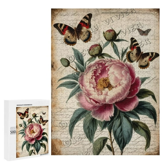 500 Piece Jigsaw Puzzle for Adults – Peony & Vintage Rustic Aesthetic | Wooden Cozy Puzzle for Cottagecore Enthusiasts