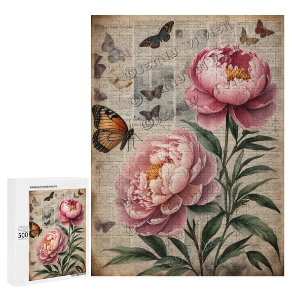 500 Piece Jigsaw Puzzle for Adults Whimsical Peony Bouquet | Wooden Puzzle for Relaxing Hobby & Farmhouse Charm