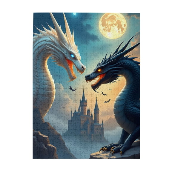 500 Piece Jigsaw Puzzles For Adults Black And White Dragons Under The Moon Challenging Adult Puzzle Fantasy Artwork Great Gift Idea