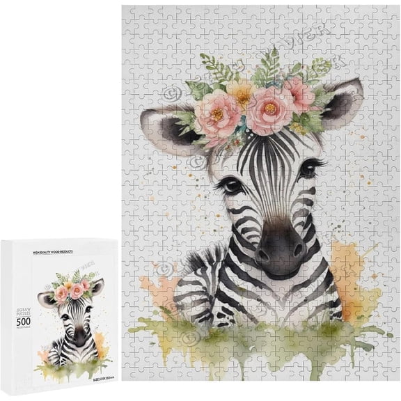 500 Piece Jigsaw Puzzles for Adults - Wood Puzzles - Watercolor Zebra Premium 500 Piece Jigsaw Puzzle for Adults (30"x20")
