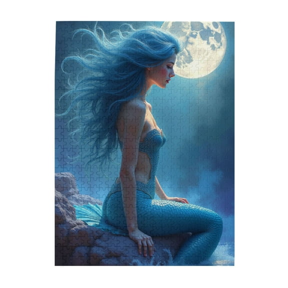 500 Piece Mermaid Under Moon Jigsaw Puzzle For Adults Serene Ocean Scene Challenging Puzzle Relaxing Activity Unique Artwork Great Gift Idea
