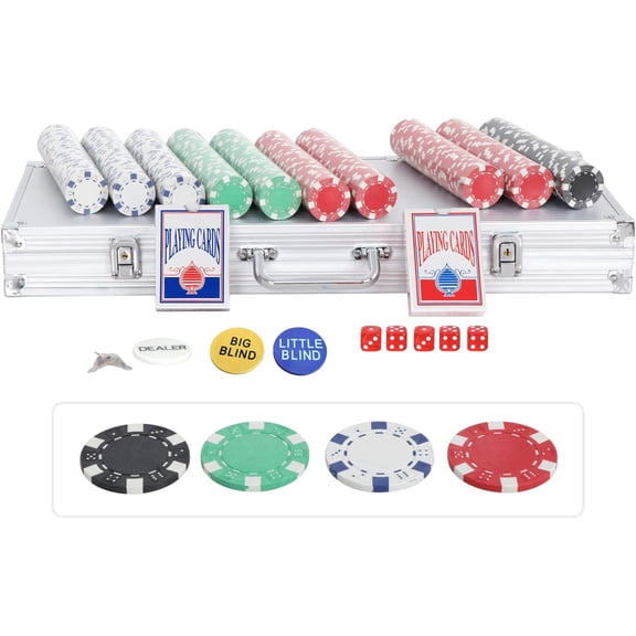500-Piece Poker Chip Set with Aluminum Case Set w/Carrying Case, 11.5 Gram Clay Composite Chips, Dice & Buttons for Texas Holdem, Blackjack & Home Games