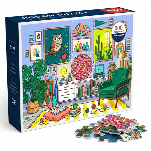 500 Piece Puzzle for Adults, Colorful Retro Living Room Interior with Glowing Disco Ball Jigsaw Puzzles, Houseplants Cat Owl Painting Vibrant Illustration Artwork Hobby Brain Teasing Home Decor