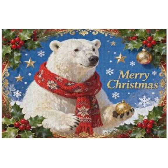 500 Piece Puzzle for Adults, Polar Bear with Red Scarf Jigsaw Puzzle, Christmas Card Artwork, Challenging Brain Activity, Family Fun Game, Relaxing Home Puzzle